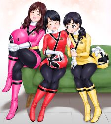 3girls :d ^_^ abe_tsukumo animification assault_visor belt belt_buckle black_hair black_pantyhose blush bodysuit boots breasts brown_hair buckle closed_eyes commentary couch crossed_legs elbow_gloves facing_viewer full_body gloves gold_belt gradient_background grey_eyes hanaori_kotoha hands_on_another&#039;s_arms hands_on_own_knee happy helmet high_collar highres holding holding_unworn_helmet insignia interlocked_fingers knee_up legs_together long_hair looking_at_another medium_breasts medium_hair multiple_girls on_couch open_mouth orange_background own_hands_clasped own_hands_together pantyhose pink_bodysuit pink_boots pink_helmet pink_skirt ponytail red_bodysuit red_boots red_helmet red_skirt samurai_sentai_shinkenger shiba_kaoru shinken_pink shinken_red shinken_yellow shiraishi_mako short_twintails side-by-side simple_background sitting skirt smile super_sentai swept_bangs tokusatsu twintails two-tone_background unworn_gloves unworn_headwear unworn_helmet white_background white_gloves yellow_bodysuit yellow_boots yellow_helmet yellow_skirt