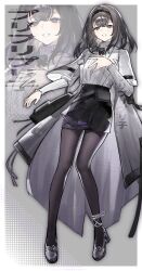  1girl absurdres arknights black_hair black_hairband black_skirt bow bright_pupils brown_pantyhose coat commentary commentary_request full_body grey_eyes grey_shoes hairband highres lab_coat long_sleeves medium_hair miniskirt open_clothes open_coat pantyhose pencil_skirt priestess_(arknights) shoes skirt solo sweater turtleneck turtleneck_sweater unworn_coat white_coat white_sweater yao_kkkrrr 