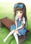  1girl bench blush bow brown_eyes brown_hair dress grass hair_bow looking_at_viewer looking_up oukatihiro outdoors over-kneehighs sitting smile solo star_sapphire thighhighs touhou 