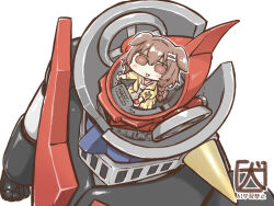  1girl akanotanin13 animal_ears braid brown_eyes brown_hair character_request chibi crossover dog_ears dog_girl hololive inugami_korone inugami_korone_(1st_costume) jacket low_twin_braids mazinger_(series) mecha robot simple_background skirt twin_braids virtual_youtuber watermark white_background yellow_jacket yellow_skirt 