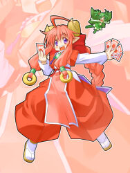  2girls ahoge boots braid commentary_request curled_horns elbow_gloves fairy flying full_body gloves green_boots green_eyes green_gloves green_hair green_shirt green_skirt hair_bobbles hair_ornament hakama hakama_pants highres holding holding_ofuda horns japanese_clothes kageyama_shinobi konoha_(shinrabanshou) layered_sleeves leaf_wings long_hair long_sleeves looking_at_viewer mini_person minigirl multiple_girls ofuda open_mouth outstretched_arms pants pink_bloom_miyabi pink_hair pointy_ears red_hakama ring_hair_ornament shinrabanshou shirt shoes short_hair short_over_long_sleeves short_sleeves single_braid skirt smile socks spread_arms teeth upper_teeth_only very_long_hair violet_eyes white_shirt white_shoes white_socks zoom_layer 