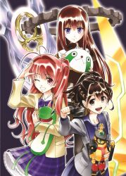  3girls arm_belt belt black_pantyhose black_shorts blazer blue_sailor_collar blue_skirt blush bow bowtie braid breasts brown_eyes brown_hair brown_jacket buttons chaos;head chest_bow chuo_tanegashima_high_school_uniform clenched_teeth collared_shirt d-sword dress_shirt eibon gero-froggy grey_jacket grey_shirt grin hair_between_eyes hair_bow hair_over_shoulder half_up_braid high-waist_skirt high_ponytail highres holding holding_stuffed_toy jacket jacket_partially_removed lapels leather_belt long_sleeves makise_kurisu miniskirt multiple_girls necktie notched_lapels one_eye_closed one_side_up open_mouth pantyhose phinx_(robotics;notes) pink_eyes pink_hair plaid_bow plaid_bowtie plaid_clothes plaid_necktie plaid_skirt pleated_skirt ponytail ponytail_with_braided_base purple_bow purple_bowtie purple_skirt purple_trim red_bow red_necktie robotics;notes sailor_collar sakihata_rimi sakihata_rimi&#039;s_d-sword school_uniform science_adventure senomiya_akiho shirt shorts skirt small_breasts smile steins;gate stuffed_animal stuffed_toy suimei_academy_school_uniform tanegashimachine-3 teeth tongue upa_(steins;gate) violet_eyes white_belt white_shirt winter_uniform 