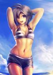  1girl antenna_hair armpits arms_behind_head bikini_top black_hair blue_sky flat_chest idolmaster kikuchi_makoto midriff navel ocean short_hair shorts sky smile solo striped toned violet_eyes yilx 