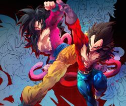  black_hair blue_sash closed_mouth dougi dragon_ball dragon_ball_gt dragon_ball_heroes gloves highres long_hair male_focus monkey_boy monkey_tail multiple_boys muscular muscular_male ommmyoh open_mouth pants red_fur saiyan sash son_goku son_goku_(xeno) spiky_hair super_saiyan super_saiyan_4 tail time_patrol_(dragon_ball) twitter_username vegeta vegeta_(xeno) wristband yellow_pants 