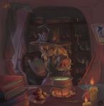  artist_name blonde_hair book bookshelf broom candle cooking curtains dark fire flame grin hat indoors kirisame_marisa long_hair mizutorii picture_(object) pot ribbon smile spider_web touhou witch_hat yellow_eyes 