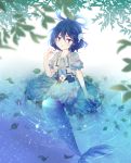  1girl belt blue_eyes blue_hair dress flower hair_ornament hair_rings hair_stick head_fins kaku_seiga leaf mermaid monster_girl ripples rock short_hair sitting smile solo touhou uranaishi_(miraura) vest wakasagihime wakasagihime_(cosplay) water 