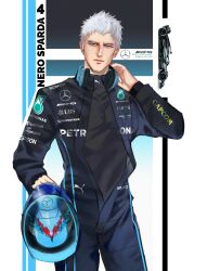  1boy absurdres adjusting_headphones alternate_costume black_bodysuit black_car black_shirt blue_eyes blue_helmet bodysuit capcom car character_name closed_mouth commentary covered_collarbone cowboy_shot devil_may_cry_(series) devil_may_cry_5 english_commentary formula_one formula_racer headphones headphones_around_neck helmet henoopd highres holding holding_unworn_helmet lips looking_at_viewer male_focus mercedes-benz motor_vehicle nero_(devil_may_cry) nose partially_unzipped puma_(brand) race_vehicle racecar racing_suit shirt short_hair solo unworn_headwear unworn_helmet white_background white_hair 