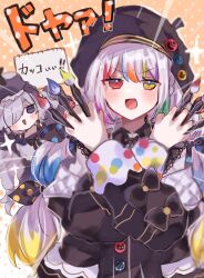  2girls :> artist_painter beret black_dress black_hat bow dress empty_eyes frilled_dress frills gothic_lolita hair_over_one_eye hairband hat headband heterochromia highres holding holding_paintbrush holding_sketchbook jougasaki_noa lolita_fashion lolita_hairband long_hair looking_at_viewer magical_girl mahou_shoujo_no_majo_saiban multiple_girls natsume_anan paintbrush polka_dot polka_dot_bow purple_dress purple_headband red_eyes sketchbook sleeves_past_fingers sleeves_past_wrists smug tied_sleeves tosiosito very_long_hair violet_eyes white_hair yellow_eyes 