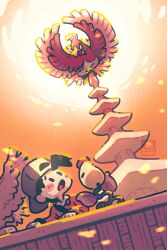  backwards_hat baseball_cap beak bell_tower_(pokemon) bellsprout bird ethan_(pokemon) hat highres ho-oh jacket looking_back open_mouth petite_echorizon pokemon pokemon_(creature) pokemon_hgss red_jacket surprised 