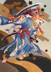  1boy animal_ear_fluff animal_ears architecture b.i.a badge barefoot bird black_eyes black_pants blue_robe blue_scarf brown_claws button_badge carrying claws dog_boy dog_ears dog_tail east_asian_architecture egasumi fangs fighting_stance from_side full_body furry furry_male highres holding holding_sheath holding_sword holding_weapon inugami_(onmyoji) japanese_clothes katana long_sleeves male_focus onmyoji open_mouth pants robe scabbard scarf sheath shiba_inu shide solo striped_clothes striped_scarf sword tail tassel tsuka-ito two-tone_scarf weapon white_fur white_scarf wide_sleeves wristband yellow_bird yellow_fur 