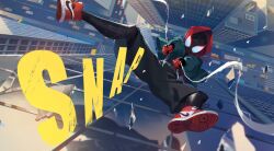  1boy 86_(nononononoway) absurdres air_jordan_1 animal_print belt black_bodysuit bodysuit building bus car chromatic_aberration city day english_text falling from_above full_body glass glass_shards halftone highres hood hooded_bodysuit hoodie jacket leap_of_faith marvel mask miles_morales motor_vehicle outdoors print_bodysuit reflection reflective_wall road rooftop shadow shoes shorts silk skyscraper sound_effects spider-man:_into_the_spider-verse spider-man_(series) spider-verse spider_print spider_web spider_web_print superhero_costume two-tone_bodysuit 