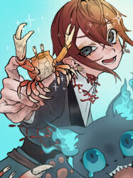  1boy animal belt blue_background blue_eyes blue_fire blue_sclera collared_shirt colored_sclera commentary_request coral crab creature cropped_jacket earrings fire grey_eyes grim_(twisted_wonderland) highres holding holding_animal jewelry kanokono_kinoko male_focus open_mouth red_hair riddle_rosehearts sharp_teeth shell shell_earrings shirt short_hair smile teeth twisted_wonderland 