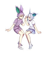  1boy 1girl absurdres animal_ears eye_contact grey_hair grey_skirt hetero highres holding_hands horns invisible_chair looking_at_another nidoran nidoran_(female) nidoran_(male) personification pokemon purple_hair purple_shorts red_eyes shirt shoes short_sleeves shorts simple_background single_horn sitting skirt sunuo_de_justwe_zidong_shou_huoji uwabaki white_background white_shirt white_shoes 