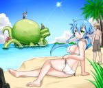  1girl 3boys barefoot beach bikini blue_eyes brown_hair green_eyes kuroshiro_(ms-2420) long_hair looking_back multiple_boys ocean octopus original palm_tree pointy_ears ponytail shirtless short_hair sky sweatdrop swim_trunks swimsuit tree water wooden_sword 