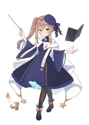  1girl absurdres ahase_hino ankle_bow bare_shoulders beret black_dress blush book boots bow brooch brown_pantyhose candle character_request closed_mouth commentary_request conductor_baton dress epic_seven floating floating_book floating_object full_body green_eyes hands_up hat high_heels highres jewelry light_blush light_smile long_hair long_sleeves looking_at_viewer medium_dress musical_note_brooch pantyhose purple_boots purple_dress purple_hat side_ponytail sidelocks simple_background solo standing tilted_headwear white_background wide_sleeves yellow_bow 