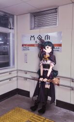  1girl absurdres black_boots black_capelet black_hair black_skirt black_thighhighs blouse blunt_bangs boots capelet commentary dms full_body genjitsu_no_yohane grey_skirt hair_bun highres indoors long_hair love_live! love_live!_sunshine!! miniskirt numazu over-kneehighs overskirt photo_background puffy_short_sleeves puffy_sleeves shirt short_sleeves sidelocks single_side_bun skirt solo tactile_paving thigh-highs tsushima_yoshiko vent_(object) white_shirt yohane_(genjitsu_no_yohane) 