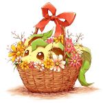  :&lt; basket blush_stickers bow flower in_container kuronekotarou leafeon no_humans pokemon pokemon_(creature) solo 