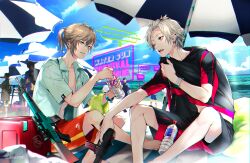  2boys akke_(akke299) aqua_shirt beach beach_umbrella black_shirt black_shorts blue_sky bottle box bracelet brown_hair clothes_grab clouds collarbone collared_shirt day ear_piercing earrings english_text green_eyes grey_hair gun hair_between_eyes handgun holding holding_bottle holding_gun holding_weapon hot jewelry kanae_(nijisanji) kuzuha_(nijisanji) looking_at_another male_focus male_swimwear mole mole_under_eye multiple_boys nijisanji ocean official_art one_eye_closed open_clothes open_mouth open_shirt outdoors parted_lips piercing pillow ponytail red_eyes red_shorts rifle shirt short_hair short_ponytail short_sleeves shorts sitting sky smile summer sweat swim_trunks sword teeth towel twitter_username umbrella virtual_youtuber water_bottle weapon white_hair wiping_sweat 