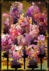  absurdly_detailed_composition ace_(playing_card) alice's_adventures_in_wonderland alice_(alice_in_wonderland) animal_print art_nouveau bird birdcage boar bonnet bug butterfly butterfly_hair_ornament butterfly_print cage card cheshire_cat_(alice_in_wonderland) chrysanthemum chrysanthemum_print club_(shape) crane_(animal) duck falling_petals floral_print flower fold-over_collar frills furisode_sleeves hair_ornament hanafuda highres japanese_clothes japanese_maple kimono kimono_skirt kitsune lace-trimmed_kimono lace_trim lolita_fashion mad_hatter_(alice_in_wonderland) maid multiple_persona nihonga obi oil-paper_umbrella original pendant_watch peony_(flower) petals pink_kimono playing_card pocket_watch purple_flower sash short_kimono sweet_lolita tanka_(poetry) umbrella unmoving_pattern wa_lolita wa_maid watch white_rabbit_(alice_in_wonderland) wide_sleeves wings wisteria wisteria_print yuu_(arcadia) 