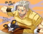  1boy beard blue_eyes dog facial_hair gloves grey_hair hariyama_(toubou_tengoku) hat hat_removed headwear_removed iggy_(jojo) jojo_no_kimyou_na_bouken joseph_joestar nose_bubble sleeping white_hair 