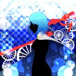  1girl blue_hair cape checkered checkered_background mahou_shoujo_madoka_magica miki_sayaka musical_note musical_staff profile ribbon short_hair silhouette solo wheels 