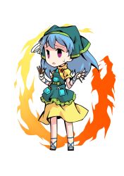  1girl apron aqua_apron arm_ribbon between_fingers blue_hair blue_ribbon chibi chibi_only chisel commentary_request dairi dress fire full_body green_headscarf haniyasushin_keiki headscarf holding jewelry large_variant_set long_hair magatama magatama_necklace necklace puffy_short_sleeves puffy_sleeves ribbon sandals short_sleeves solo tachi-e touhou transparent_background variant_set 