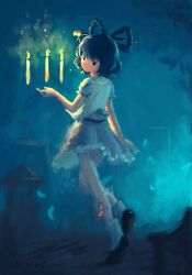 1girl absurdres black_sash black_shoes blue_background blue_dress blue_eyes blue_hair brush_stroke candlelight chisel dated dress floating_candle fog frilled_dress frills from_behind full_body hair_ornament hair_rings hashtag-only_commentary highres kaku_seiga light_smile looking_back medium_hair ofuda sash shoes socks solo stone_lantern takerdaze touhou vest white_socks white_vest 