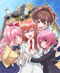  4girls arm_belt belt black_pantyhose black_shorts blazer blue_bow blue_skirt bow bowtie braid breast_pocket breasts brown_eyes brown_hair brown_jacket buttons chaos;child chaos;head chest_bow chuo_tanegashima_high_school_uniform collared_shirt cropped_jacket cropped_shirt double-breasted dress_shirt dress_vest gero-froggy get9 grin hair_between_eyes hair_bow hair_over_shoulder half_up_braid happy hekiho_academy_school_uniform high-waist_skirt high_ponytail jacket lab_coat lapels leather_belt long_sleeves makise_kurisu medium_breasts miniskirt multiple_girls necktie notched_lapels one_eye_closed one_side_up onoe_serika pantyhose phinx_(robotics;notes) pink_eyes pink_hair plaid_bow plaid_bowtie plaid_clothes plaid_necktie plaid_skirt pleated_skirt pocket ponytail ponytail_with_braided_base purple_bow purple_bowtie purple_skirt purple_trim red_bow red_necktie robotics;notes sailor_collar sakihata_rimi salute school_emblem school_uniform science_adventure senomiya_akiho shirt short_sleeves shorts skirt small_breasts smile steins;gate suimei_academy_school_uniform teeth tongue upa_(steins;gate) upper_teeth_only violet_eyes white_belt white_sailor_collar white_shirt 