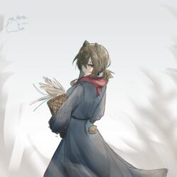  1girl absinthe_(arknights) absinthe_(noon_twilight)_(arknights) animal_ears arknights artist_name basket bear_ears bear_tail breasts brown_eyes brown_hair character_name commentary cowboy_shot dated dress english_commentary from_behind grey_dress hair_between_eyes haki_penguin highres holding holding_basket long_bangs long_sleeves looking_at_viewer looking_back medium_breasts medium_hair official_alternate_costume puffy_long_sleeves puffy_sleeves red_scarf scarf serious short_tail short_twintails sidelocks sideways_glance signature stalk tail tail_through_clothes twintails 