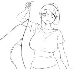  1girl alternate_costume bikini bikini_top_only breasts commentary_request holding holding_swimsuit holding_unworn_clothes intrepid_(kancolle) kantai_collection large_breasts lineart monochrome ponytail shirt short_hair solo swimsuit t-shirt tamu_(mad_works) unworn_swimsuit upper_body 