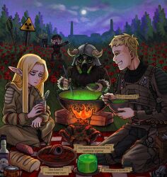  1girl 3boys beard chernobyl chernobyl_npp clouds cooking dungeon_meshi dwarf elf facial_hair falin_touden field flower flower_field forest full_moon gas_mask hair_around_ear highres laios_touden long_beard long_hair marcille_donato mask moon multiple_boys mustache nature night night_sky nuclear_powerplant outdoors pointy_ears poppy_(flower) pripyat radiation_symbol senshi_(dungeon_meshi) sky stalker_(game) stalker_2:_heart_of_chornobyl star_(sky) starry_sky tactical_clothes terezta thick_mustache translated ukraine ukrainian_text very_long_beard 