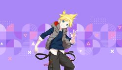  1boy :d aqua_eyes black_pants blue_sweater collared_sweater colorful_palette fingernails game_cg grey_vest grin headset highres hood hooded_vest hoodie kagamine_len male_focus nail_polish official_art pants project_sekai purple_background smile solo spiky_hair sweater teeth third-party_source triangle vest vivid_bad_squad_len vocaloid w yellow_nails 