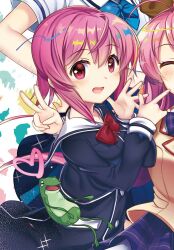  1girl blazer blush bow bowtie breasts brown_jacket buttons chaos;child chaos;head chest_bow chuo_tanegashima_high_school_uniform closed_eyes collared_shirt cropped_jacket double-breasted dress_shirt dress_vest gero-froggy hair_bow heart hekiho_academy_school_uniform highres in-franchise_crossover jacket lapels long_sleeves medium_breasts miniskirt necktie notched_lapels one_side_up onoe_serika pink_eyes pink_hair plaid_bow plaid_bowtie plaid_clothes plaid_necktie plaid_skirt pleated_skirt purple_bow purple_bowtie purple_skirt red_bow robotics;notes rotte_(1109) sailor_collar sakihata_rimi school_uniform science_adventure shirt skirt suimei_academy_school_uniform v white_sailor_collar white_shirt 