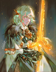  1girl alternate_costume alternate_hairstyle armor bad_id bad_tumblr_id black_armor black_cape breastplate breasts cape closed_mouth commentary_request female_byleth_(enlightened)_(fire_emblem) female_byleth_(fire_emblem) fire_emblem fire_emblem:_three_houses glowing glowing_sword glowing_weapon green_eyes green_hair highres holding holding_sword holding_weapon looking_at_viewer negi_(fufufuyu) solo standing sword sword_of_the_creator weapon 