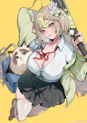  1girl absurdres ahoge bag baseball_bat black_skirt blush breasts brown_hair cat collarbone eyeshadow facial_mark flower full_body green_nails highres indie_virtual_youtuber kuook long_sleeves looking_at_viewer makeup mingqian_nailyu multicolored_eyes multicolored_hair nail_polish neck_ribbon nipples open_clothes pink_eyeshadow pink_lips ribbon school_bag school_uniform shoes short_hair skirt solo sweater thick_thighs thigh-highs thighs white_thighhighs 