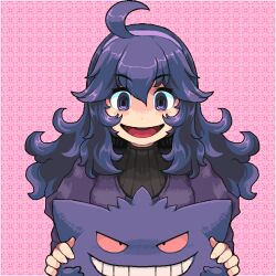  1girl @_@ ahoge bags_under_eyes black_hair blush dress gengar hair_between_eyes hairband hex_maniac_(pokemon) long_dress long_hair long_sleeves looking_at_viewer messy_hair midoribox open_mouth pokemon pokemon_(creature) pokemon_xy purple_hair purple_hairband smile violet_eyes 