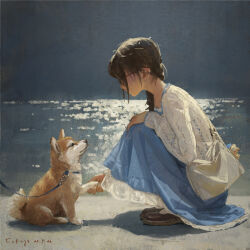  1girl black_hair blue_skirt braid brown_shoes cardigan commentary_request dog highres long_sleeves original shiba_inu shoes single_braid skirt solo squatting white_cardigan xiaobanbei_milk 