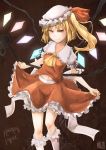  1girl ascot blonde_hair bloomers bobby_socks character_name fang flandre_scarlet hat hat_ribbon kneehighs laevatein midriff open_mouth red_eyes ribbon rin_yu_shijin short_hair side_ponytail signature skirt_hold smile socks solo touhou underwear white_legwear wings wrist_cuffs 