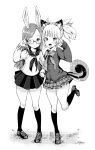  2girls \m/ animal_ears blush elin_(tera) glasses highres kneehighs loafers long_hair long_sleeves looking_at_viewer mojarin_(kihara_mojarin) monochrome multiple_girls rabbit_ears school_uniform serafuku shoes skirt smile squirrel_ears squirrel_tail tail tera_online twintails wink 