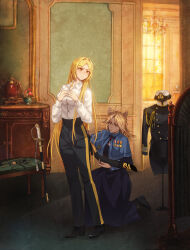  2girls absurdres aiguillette alternate_costume animal_ears black_shoes blonde_hair blue_capelet blue_dress blue_pants buttons capelet chinese_commentary collared_shirt commentary_request conscript96 dark-skinned_female dark_skin double-breasted dress dressing dressing_another female_service_cap highres hms_tiger_(battlecruiser) indoors kneeling long_hair long_sleeves medal military military_dress_uniform military_rank_insignia military_uniform multiple_girls naval_dress_uniform naval_uniform original pants shirt shoes sword tiger_(warship_girls_r) tiger_ears very_long_hair warship_girls_r weapon white_shirt yellow_eyes 
