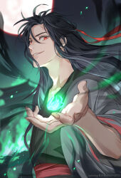  1boy ahoge aura bishounen black_hair black_hanfu black_smoke blurry blurry_background chinese_clothes coat energy fighting_stance fire floating_hair full_moon green_fire grey_coat hair_down hair_ribbon half_updo hand_up hanfu highres long_hair long_sleeves looking_at_viewer male_focus modao_zushi moon night night_sky official_alternate_costume official_alternate_hairstyle open_clothes open_coat outdoors outstretched_hand parted_lips red_eyes red_moon red_ribbon red_sash ribbon robe sash shijimishijimishijimi sidelocks sky smile solo twitter_username upper_body usagishi watermark wei_wuxian wei_wuxian_(yiling_laozu) wide_sleeves 