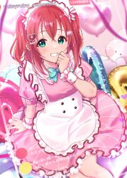  1girl ai_scream!_(love_live!) apron aqua_eyes buttons commentary_request double-breasted dress frilled_apron frilled_dress frills grin hair_ornament heart heart_hair_ornament highres kurosawa_ruby livestream looking_at_viewer love_live! love_live!_sunshine!! maid maid_headdress medium_dress medium_hair nigauri official_alternate_costume pink_dress pinstripe_dress pinstripe_pattern puffy_short_sleeves puffy_sleeves red_hair short_sleeves smile solo two_side_up waist_apron white_apron 