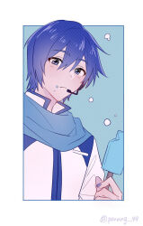  1boy blue_eyes blue_hair blue_nails blue_scarf border closed_mouth commentary fingernails food food_on_face headset high_collar holding holding_food holding_ice_cream ice_cream kaito kaito_(vocaloid) looking_at_viewer male_focus parang_99 popsicle scarf short_hair solo symbol-only_commentary twitter_username vocaloid white_border 