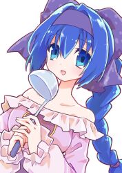  1girl bandana bare_shoulders blue_bandana blue_eyes braid dress emil_chronicle_online holding holding_ladle ladle long_hair melty_(eco) off_shoulder_dress open_mouth purple_dress solo upper_body white_background yusa_yuyu 