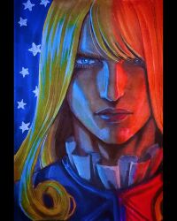  1boy androgynous blonde_hair blue_background blue_coat blue_eyes closed_mouth coat curly_hair funny_valentine hashtag-only_commentary highres jojo_no_kimyou_na_bouken lips long_hair looking_at_viewer male_focus marker_(medium) maya_panda multicolored_coat parted_bangs pillarboxed portrait red_coat solo star_(symbol) star_print steel_ball_run traditional_media two-tone_coat 
