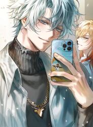  2boys absurdres antenna_hair black_sweater blonde_hair blue_coat blue_eyes blueseun blush cellphone coat commentary_request gold_necklace gradient_hair highres holding holding_phone honkai:_star_rail honkai_(series) jewelry korean_commentary male_focus medium_hair mirror_selfie multicolored_hair multiple_boys mydei_(honkai:_star_rail) necklace official_alternate_costume open_clothes open_coat parted_bangs phainon_(honkai:_star_rail) phainon_(luckin_coffee)_(honkai:_star_rail) phone red_hair selfie short_hair smartphone sweater turtleneck turtleneck_sweater white_hair yellow_eyes 