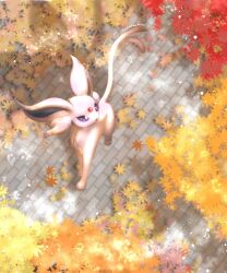  animal_focus autumn_leaves baya_(sakura_mint) colored_sclera espeon forehead_jewel forked_tail full_body gem highres leaf no_humans outdoors pokemon pokemon_(creature) pokemon_focus purple_fur purple_sclera red_gemstone solo stone_walkway tail violet_eyes 