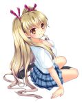  1girl blonde_hair blush breasts cleavage from_behind hair_ribbon long_hair looking_at_viewer looking_back ooshima_towa original plaid ribbon school_uniform sitting skirt smile solo twintails yellow_eyes 