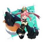  1girl animal_ears bare_shoulders bow caster_(fate/extra) detached_sleeves fang fate/extra fate/extra_ccc fate_(series) flower fox_ears fox_tail hair_bow hair_ribbon hat mini_top_hat pandasiro pink_hair ribbon rose sleeves_past_wrists solo tail thighhighs top_hat twintails white_rose yellow_eyes 