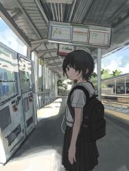  1girl 62_retas backpack bag black_hair black_skirt blue_sky closed_mouth earphones grey_eyes hair_between_eyes highres looking_at_viewer looking_back original outdoors school_uniform shirt short_hair short_sleeves skirt sky solo train_station train_station_platform vending_machine white_shirt 